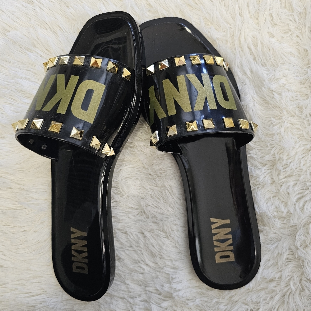 DKNY Black & Gold Studded Slide Flat Sandals